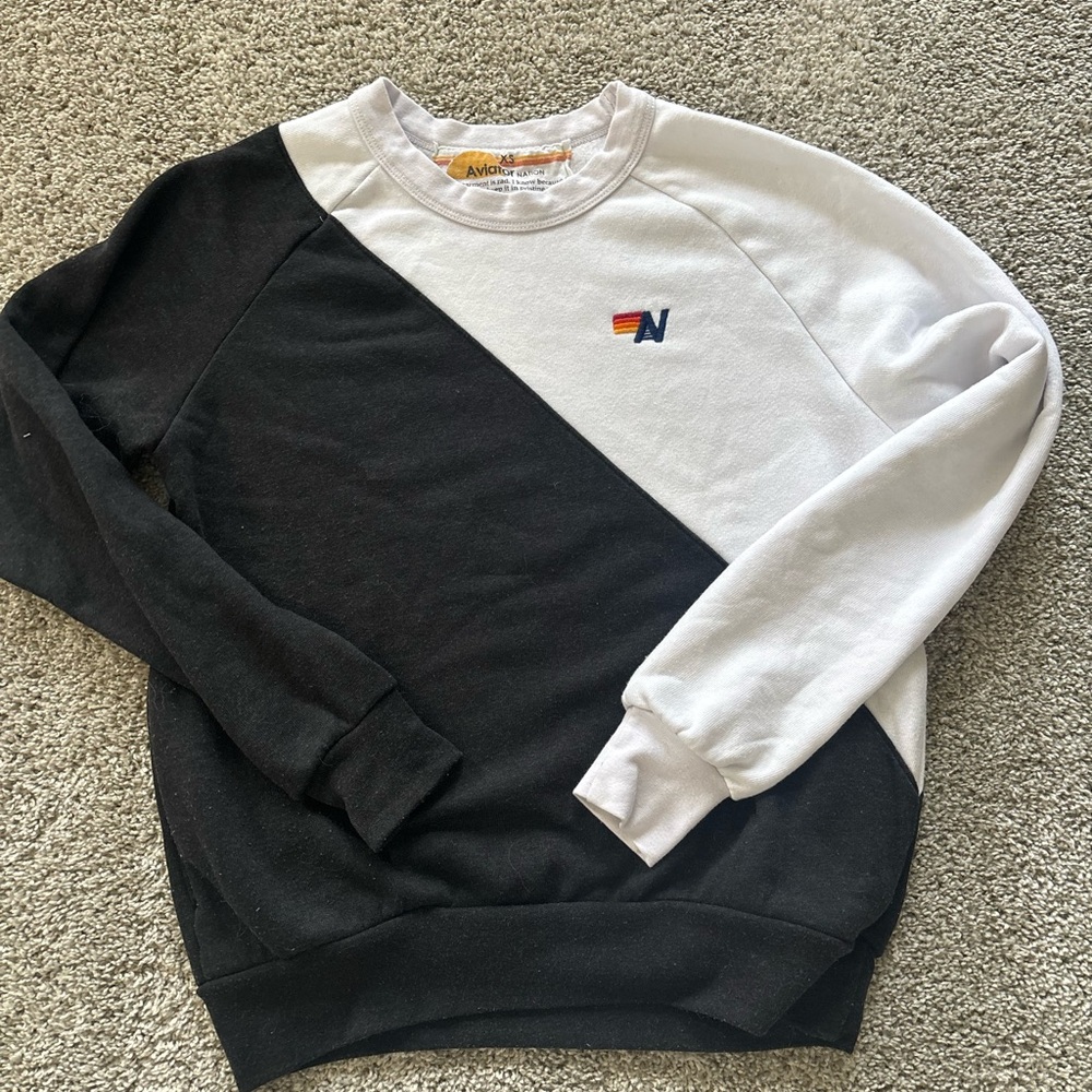 Aviator Nation Black & White Diagonal Crewneck Sweater with Rainbow Logo